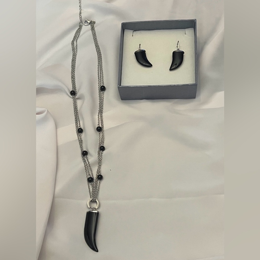 NWOT - Black Tusk Earrings & Stainless Steel Silver Necklace with Huggie & Tusk